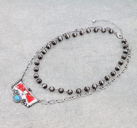 Western Steer Skull Print Layered Necklace