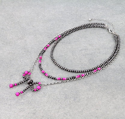 3 Layered Style Pearl & Bead Bow Chain Necklace