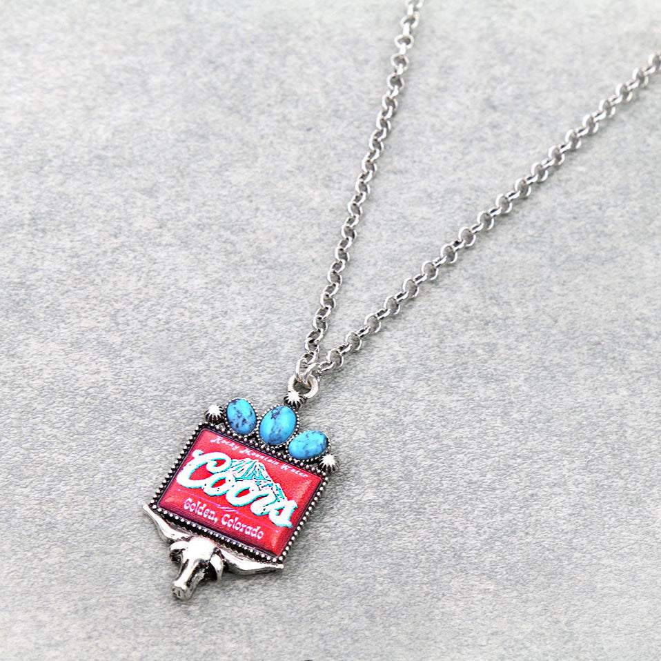 Western Beer Logo Print Steer Skull Pendant Necklace