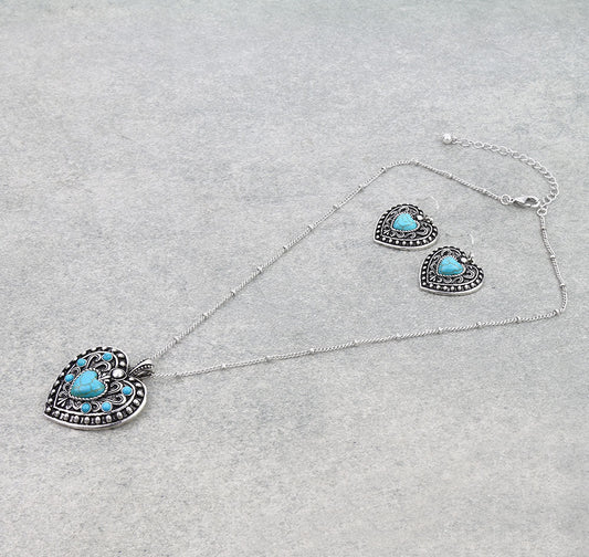 Western Filigree Heart w/ Semi Stone Necklace Set