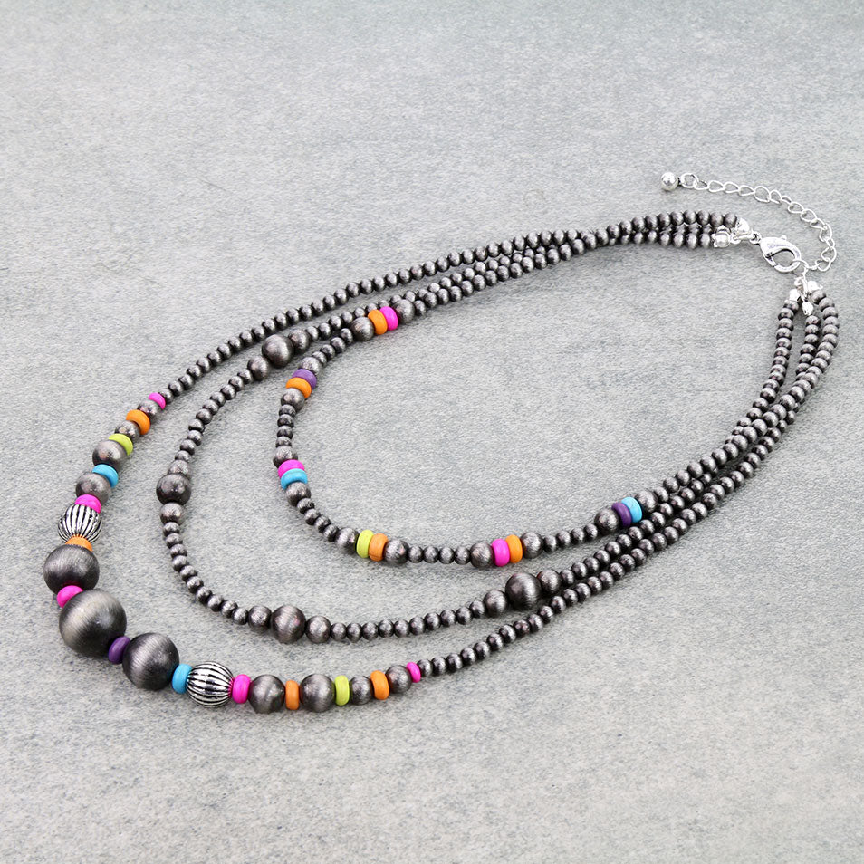 3 Layered Navajo Style Pearl & Bead Necklace