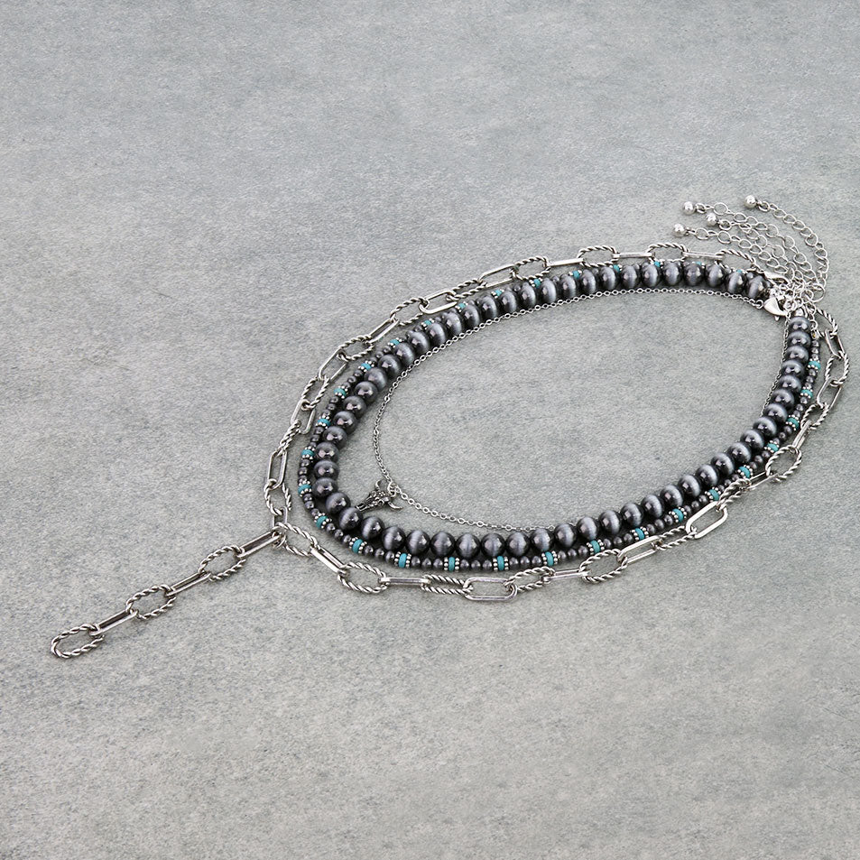 Multi Layered Western Bead & Chain Necklace – Steer Skull