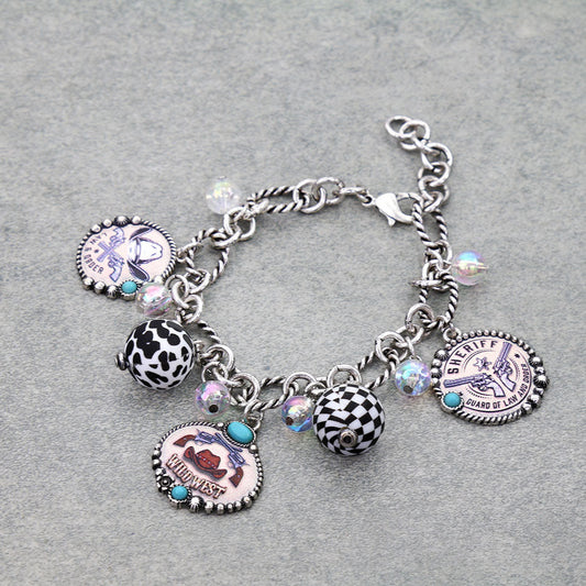 Western Gun Print Multi Charm Link Bracelet