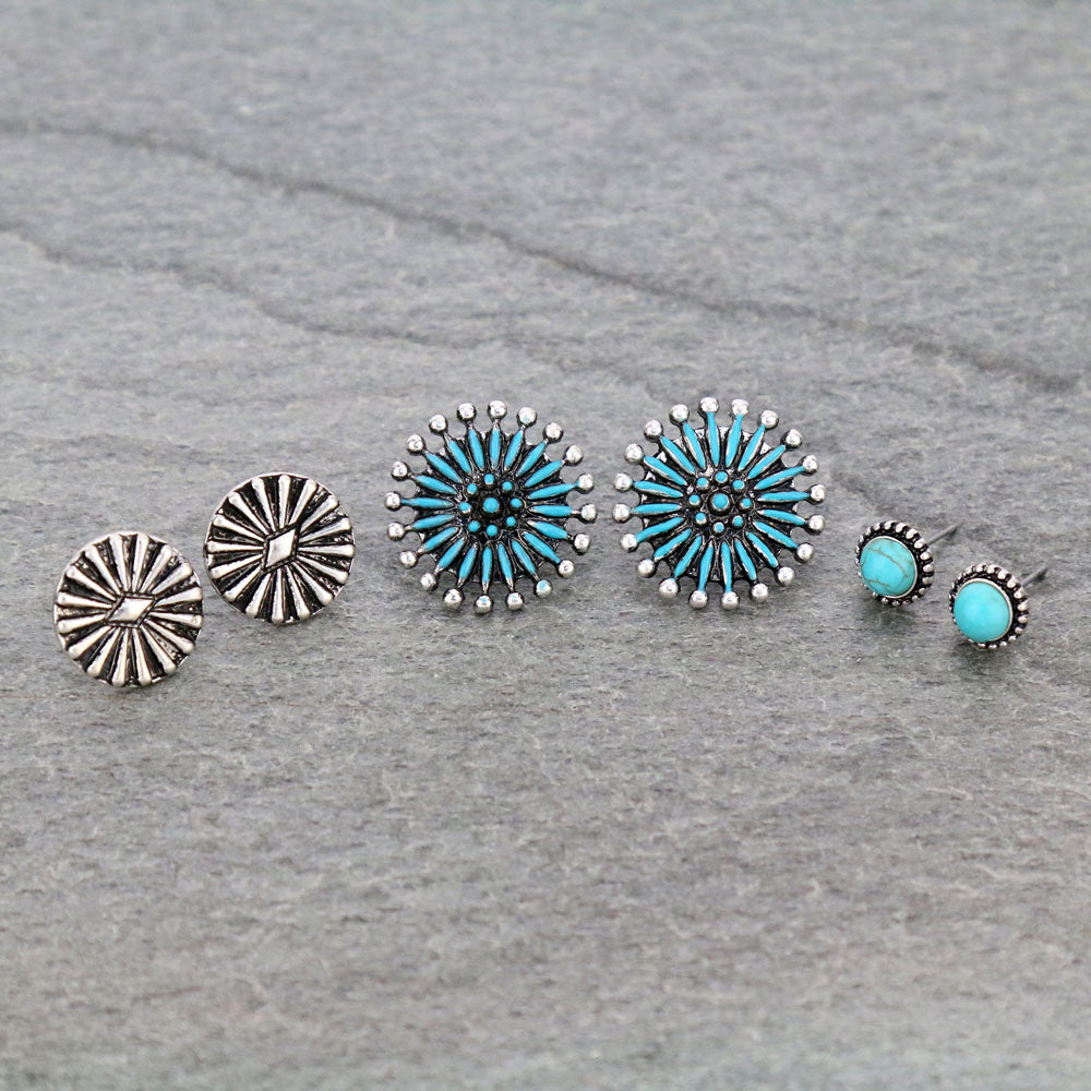 3 Pair Western Concho Earring Set