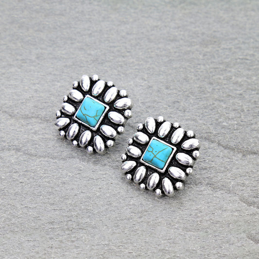 Western Square Flower Concho Stud Earrings
