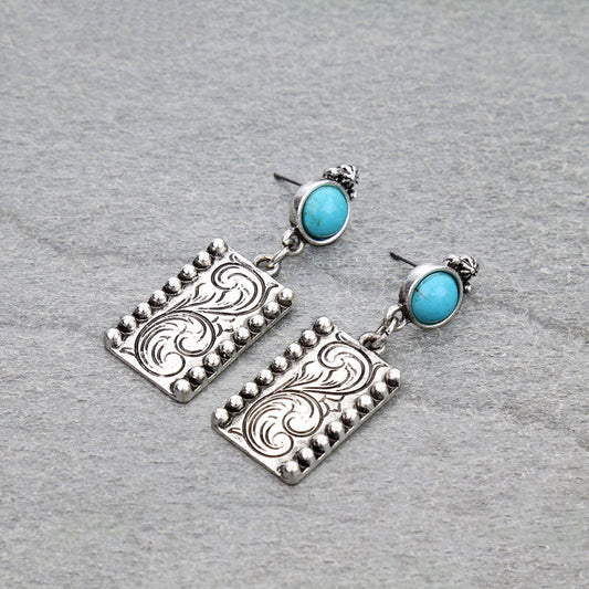 Western Rectangle Engraved Stud Earrings