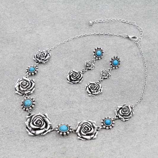 Western Rose with Stone Statement Necklace Set