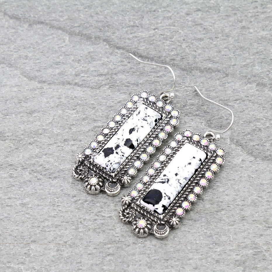 Western Rectangle Hand Craft Stone Dangle Earrings