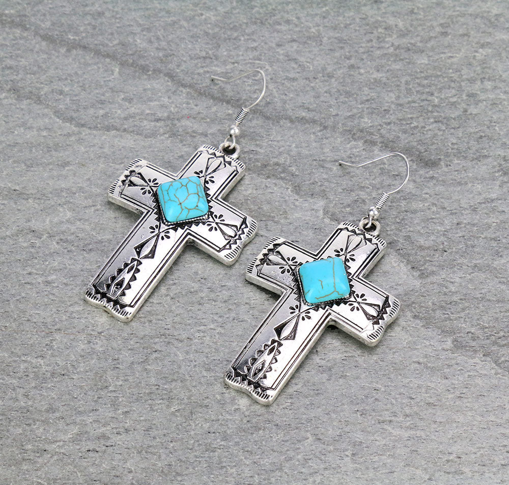 Western Cross Stone Dangle Earrings