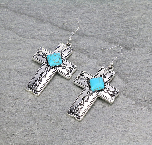 Western Cross Stone Dangle Earrings