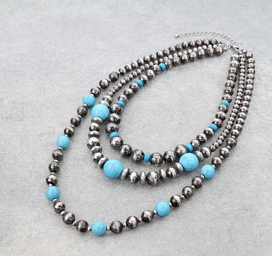 3 Layered Navajo Style Pearl & Bead Necklace