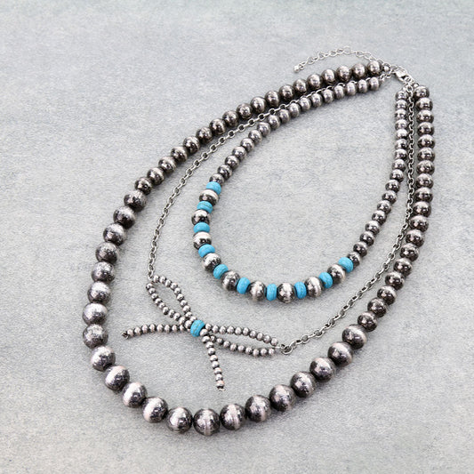 3 Layered Navajo Style Pearl & Bead Bow Necklace