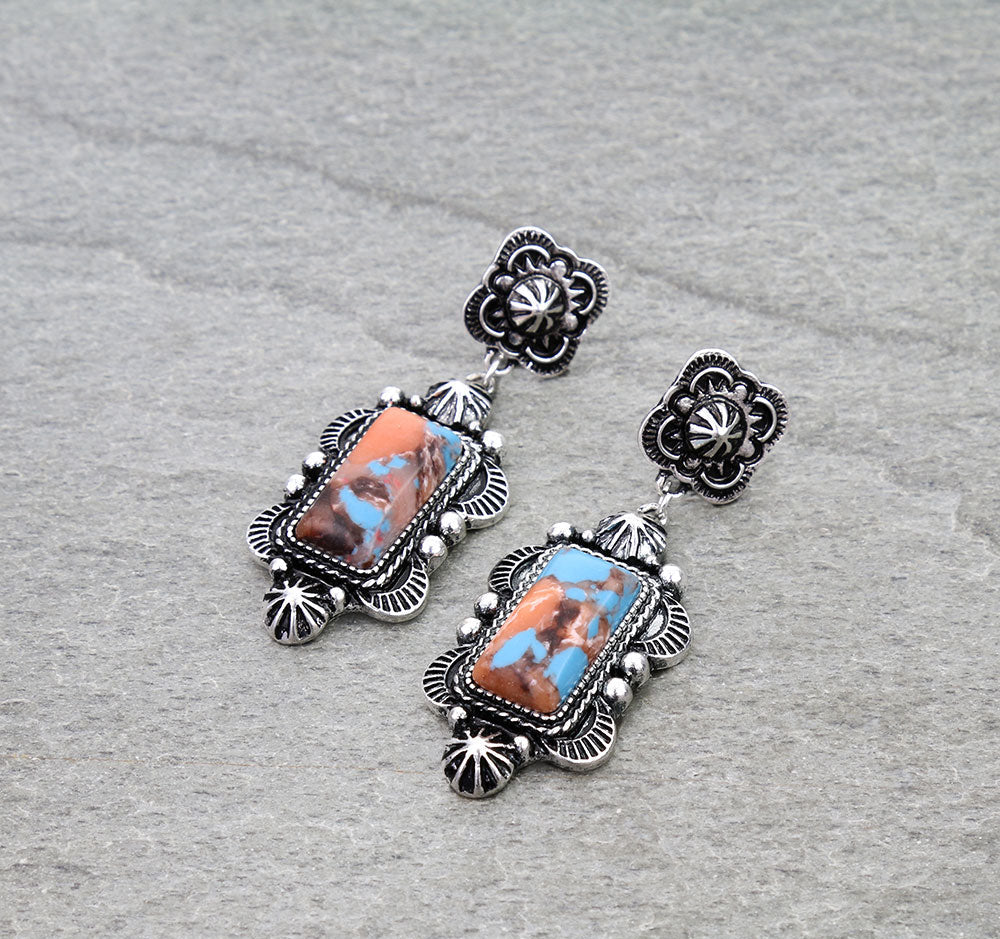 Western Rectangle Stone Concho Stud Earrings
