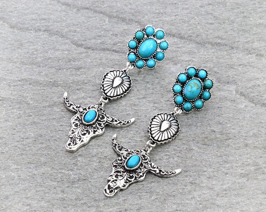 Western Concho & Steer Head Drop Stud Earrings