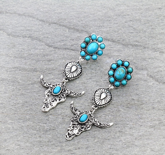 Western Concho & Steer Head Drop Stud Earrings