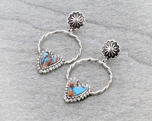 Western Heart Hand Stone Hoop Stud Earrings