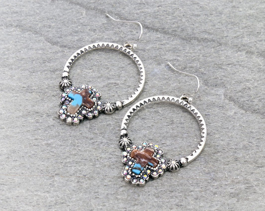 Western Cross Hand Stone Hoop Dangle Earrings