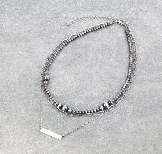 3Row Navajo Style Pearl and Chain with Bar Pendant Necklace