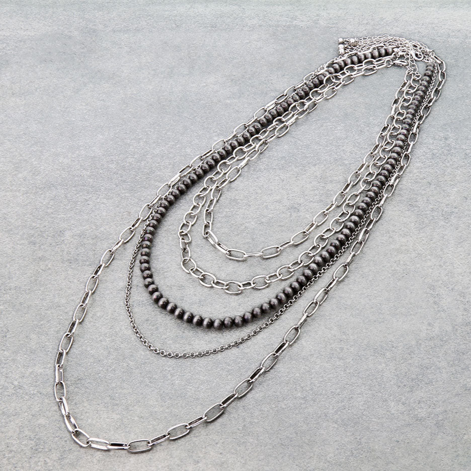 5 Layered Navajo Style Pearl and Chain Necklace