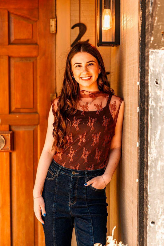Brown Lace Sleeveless Stretch Top
