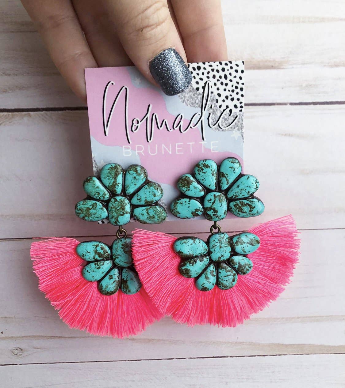 The Abbigails - Turquoise Stone With Neon Pink Fringe