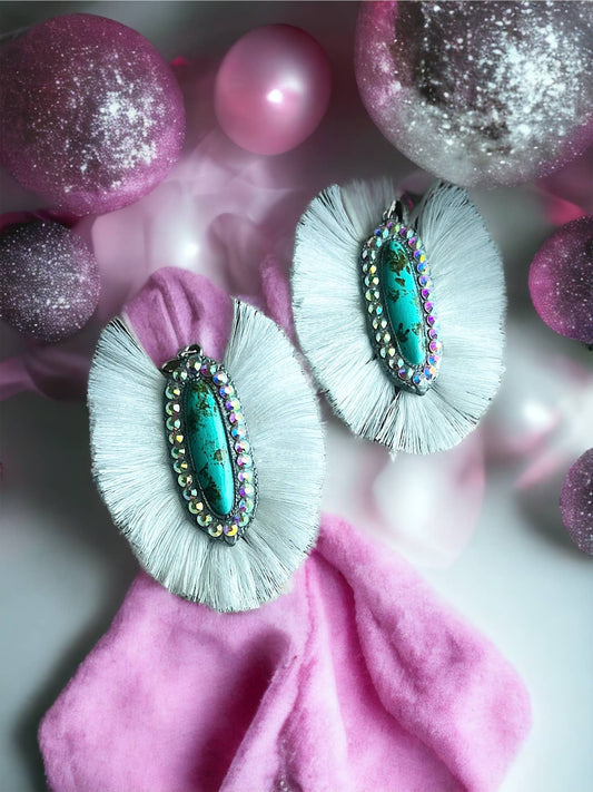 The Casper Earrings- Turquoise Stone With White Fringe