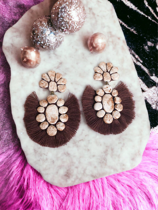 The Roan Earrings - White Stone With Brown Fringe