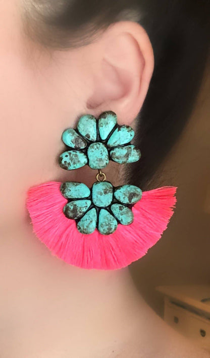 The Abbigails - Turquoise Stone With Neon Pink Fringe