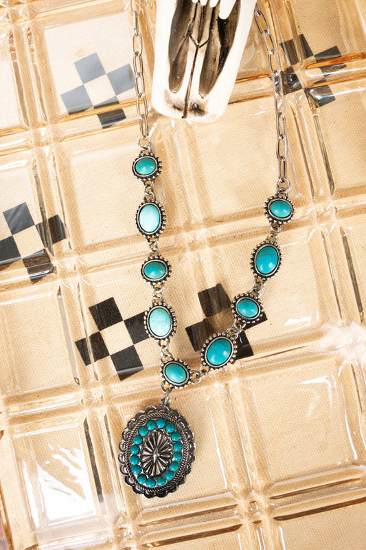 TURQUOISE CORRALEJO CONCHO SILVERTONE NECKLACE