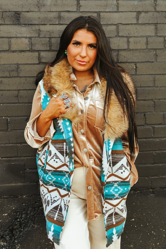 Blue Aztec W Fur Collar Vest