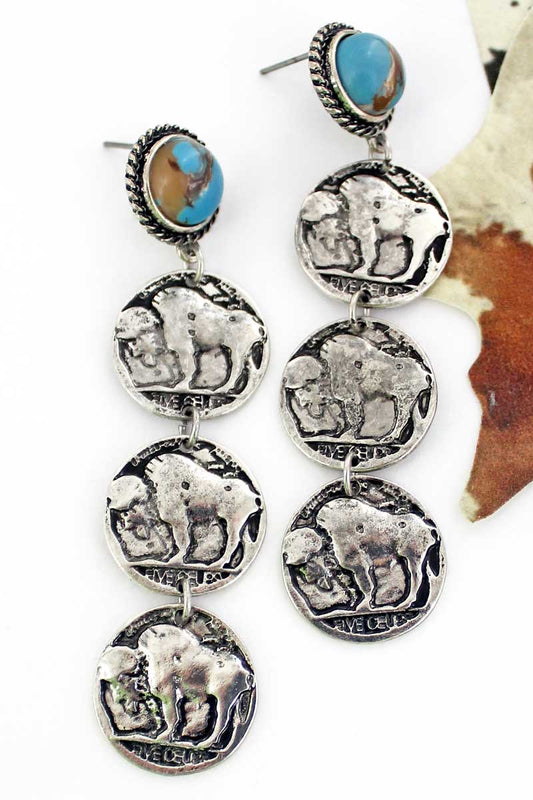TURQUOISE & ORANGE MARBLED BEAD DANGLING BUFFALO COIN EARRINGS