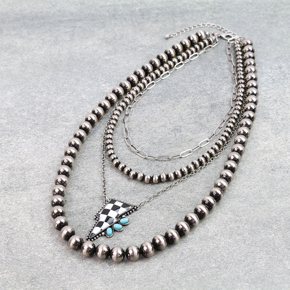 4 Layered Navajo Style Pearl with Checker Thunder Necklace