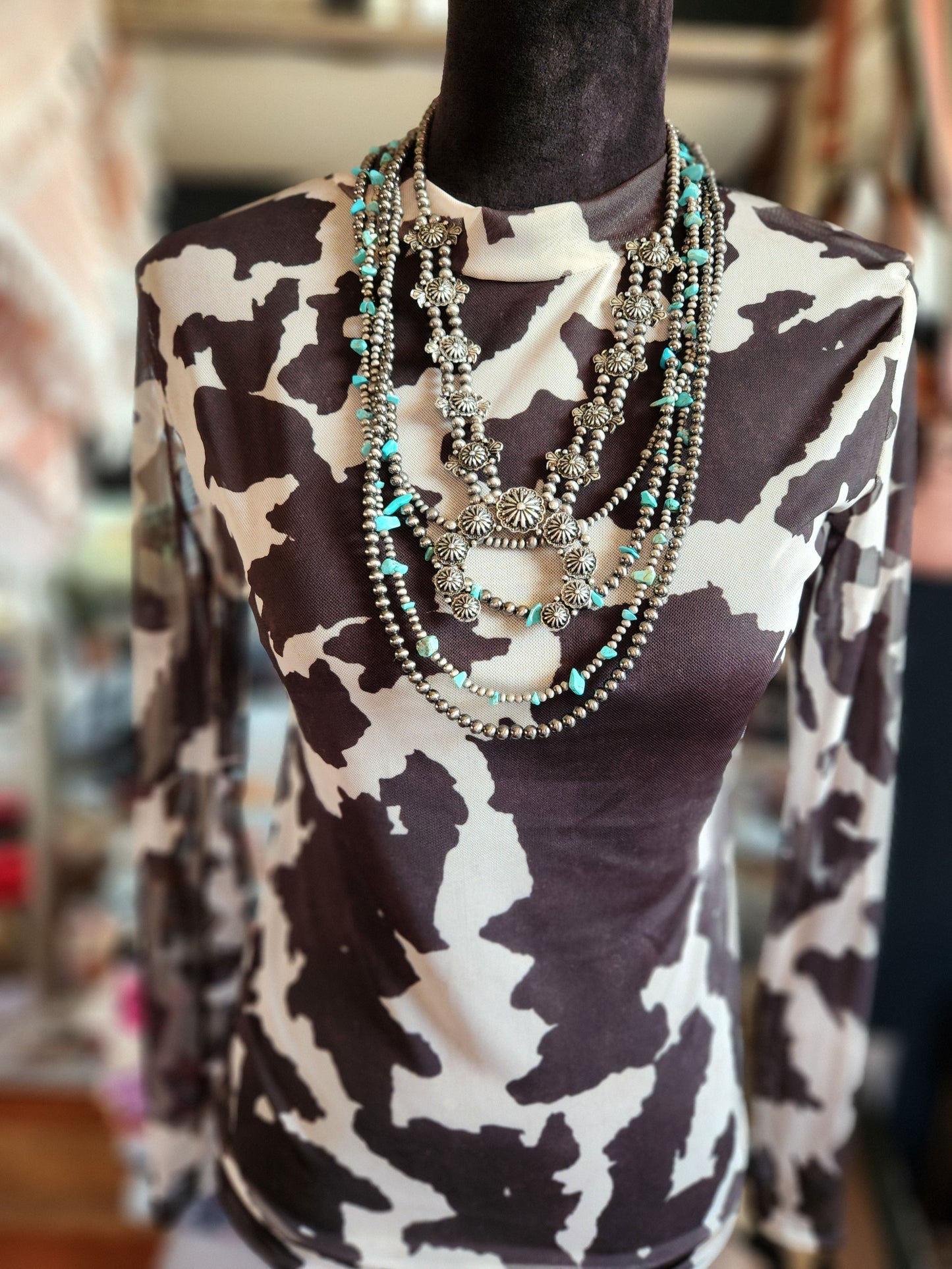 Black Cow Printed Long Sleeve Mesh Top