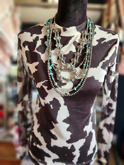 Black Cow Printed Long Sleeve Mesh Top