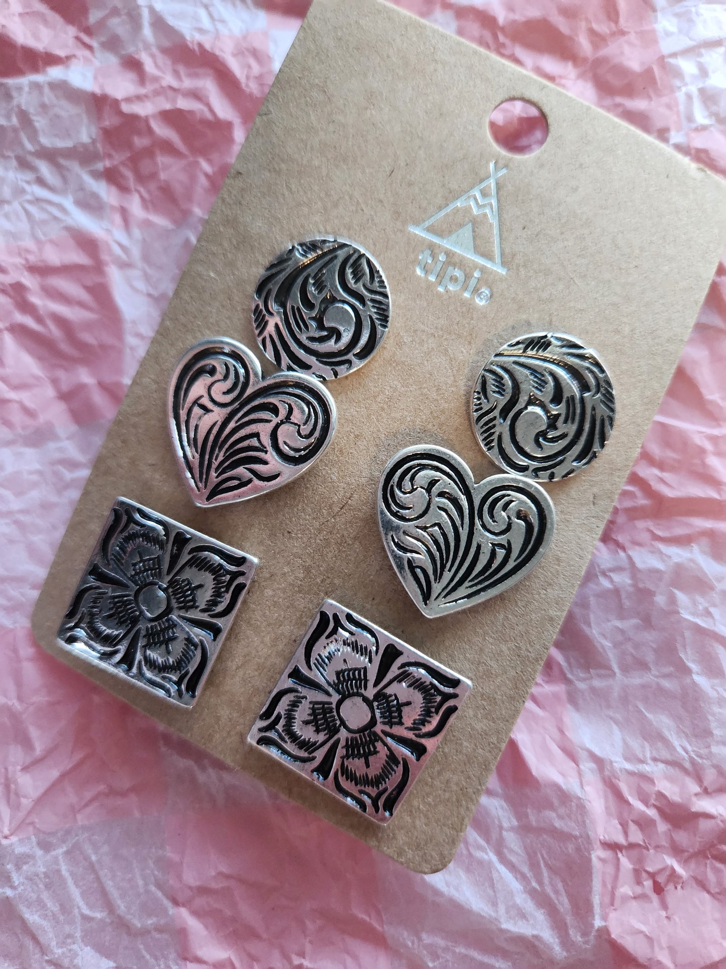 3 Pair Western Etched Earring Set