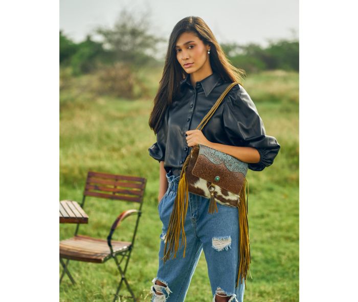Cerulean Vines Leather & Hairon Bag