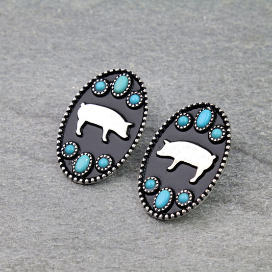 Western Oval Pig Silhouette Stud Earrings