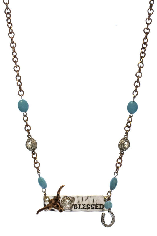 BLESSED Engraved with Longhorn Chain Necklace